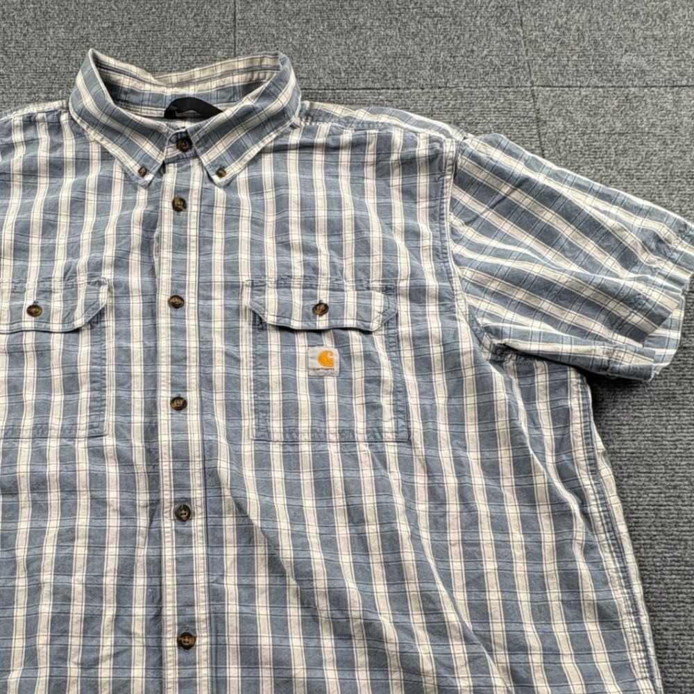 Carhartt Mens 2XL Loose Fit Short Sleeve Plaid Button Down Work Shirt Blue White